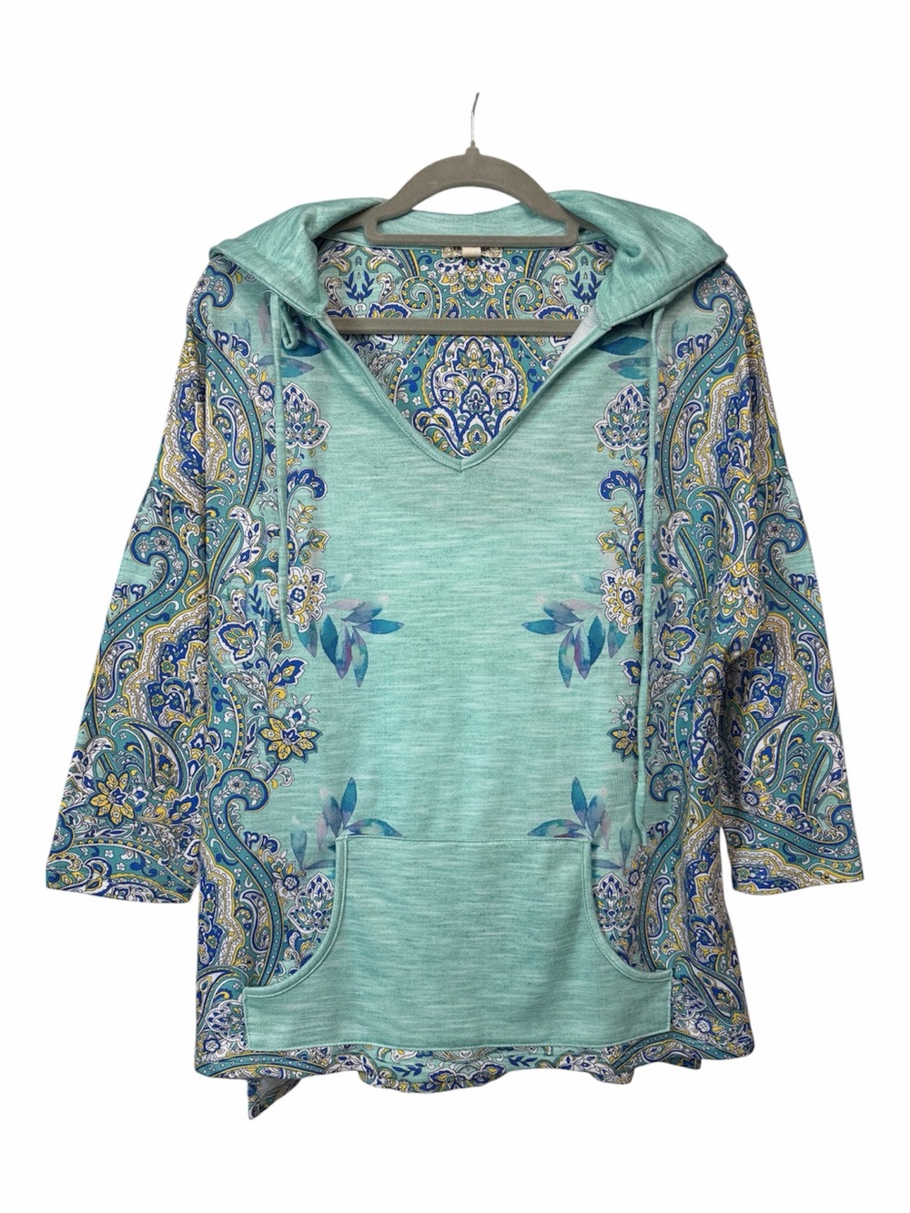 One World Mint Green Paisley Border Print Pullover Hoodie Tunic